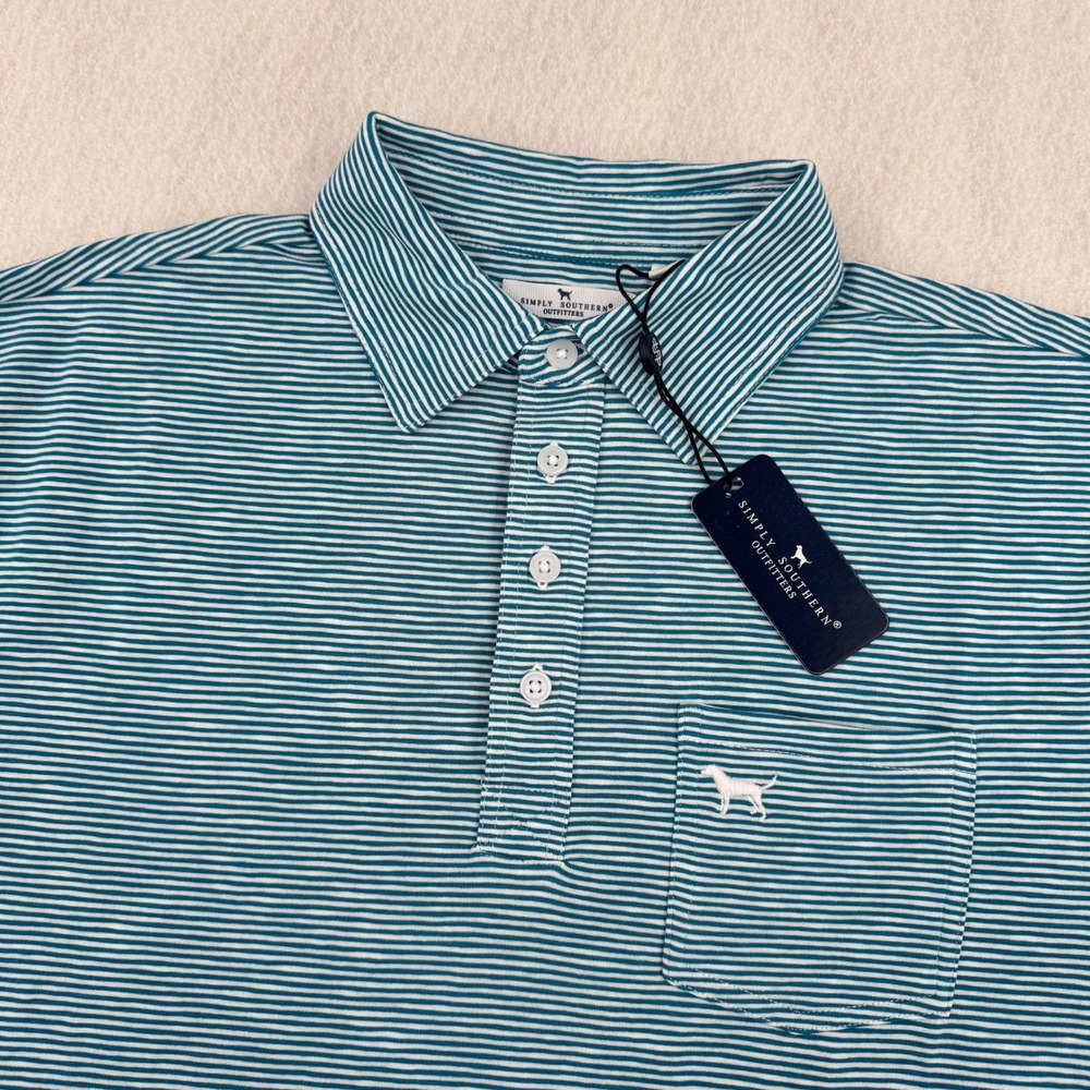 NWT Simply Southern Mens L Short Sleeve Polo Teal Striped Cotton Stretch Preppy